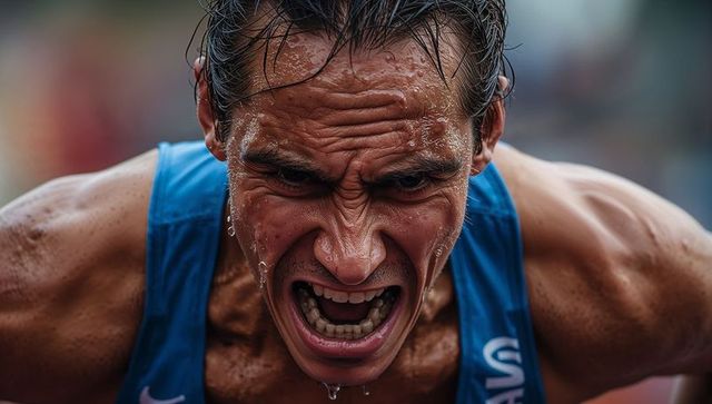 Straining sprinter pushing through final meters, raw intensity, sweat-drenched blue singlet