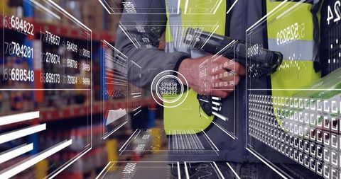 Warehouse Operator Scanning Inventory Using Handheld Scanner and Augmented Reality HUD