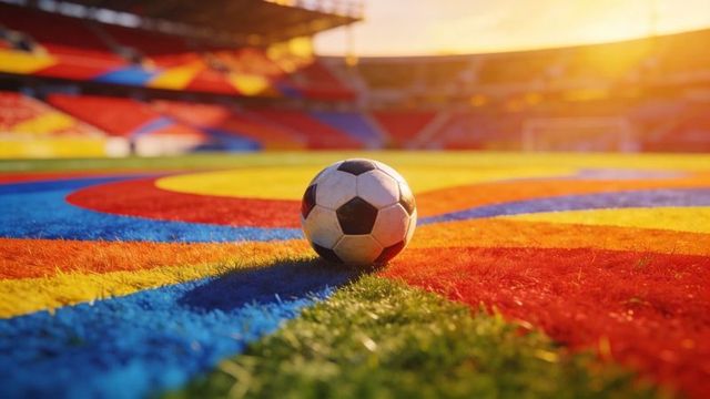 Soccer ball on vibrant geometric painted stadium turf at golden hour