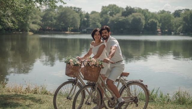 Smiling couple cycling lakeside on vintage bikes, wicker flower baskets, wearing white outfits