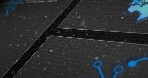 Transparent hud panels on dark grid with neon blue globe traces for futuristic dashboard