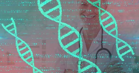 Smiling Female Doctor with DNA Abstract Background