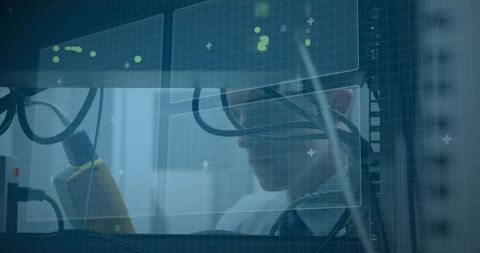 Tech worker in server room amid digital interface visualization