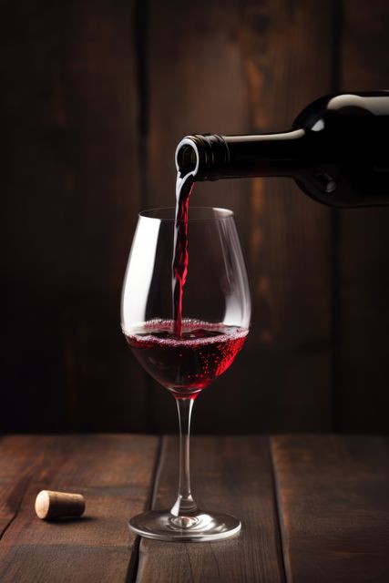 Red wine pouring into a glass on a wooden table with a blurred rustic background. This image can be used for promoting wine products, restaurants, fine dining experiences, wineries, and wine tasting events. Ideal for marketing materials, menus, wine blogs, and luxury lifestyle advertising.