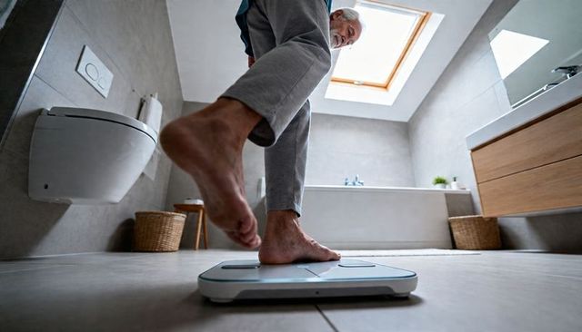 Senior man stepping onto digital scale in minimalist modern bathroom with skylight