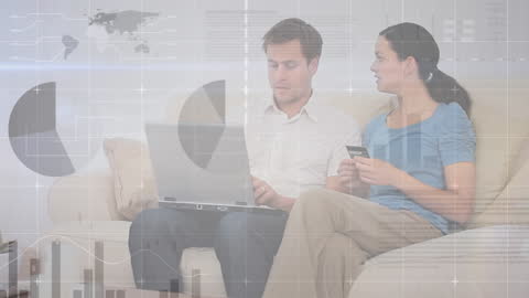 Couple Utilizing Technology for Online Bill Payments with Finance Infographic Overlay