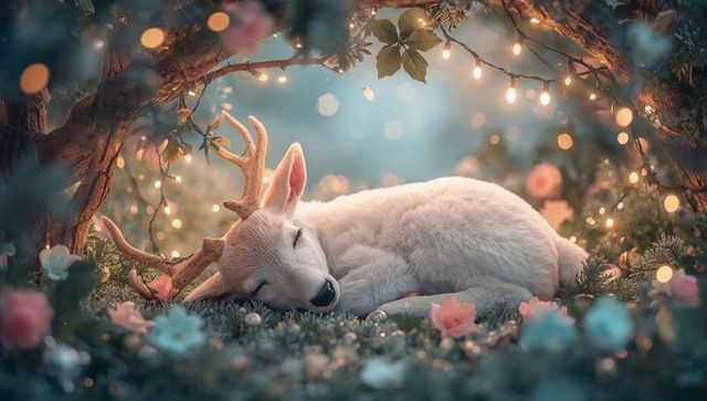 Sleeping white fawn nestling on moss under twinkling fairy lights in enchanted glade