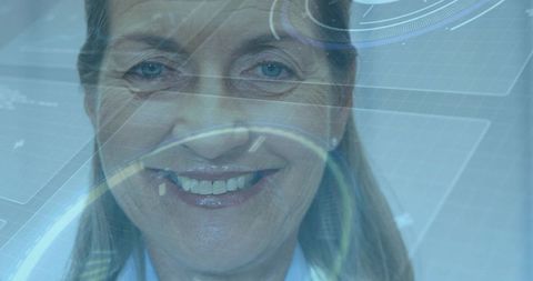 Elderly Woman Interacting with Futuristic Digital Interface