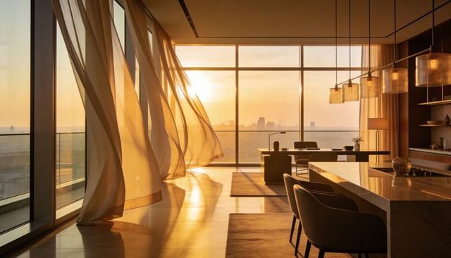 Sunset light streaming through billowing sheer curtains in luxury high-rise living space