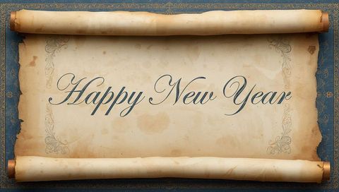 Aged parchment scroll saying happy new year in elegant calligraphy on blue-gold ornate mat