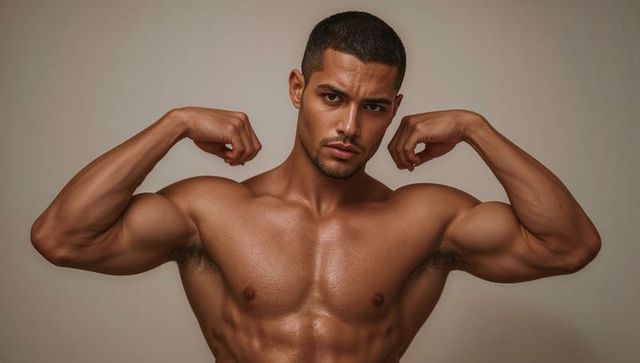 Muscular male model flexing biceps and showcasing sculpted torso with oiled, glowing skin