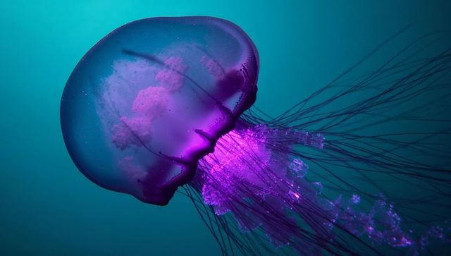 Ethereal purple jellyfish glowing in blue-green ocean waters