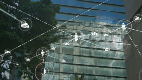 Digital Network Icons Overlay Urban Cityscape Background