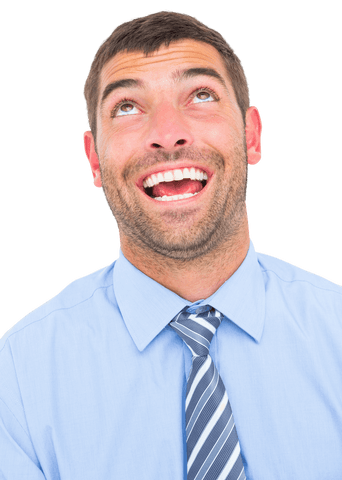 Joyful businessman looking up on transparent background