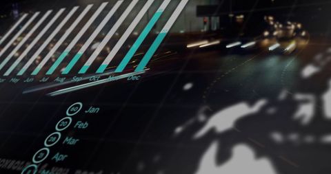 Digital data processing overlaying busy city traffic
