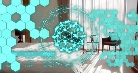 Floating Holographic Network Sphere Projecting Over Sunlit Minimalist Bedroom Interior