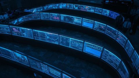 Futuristic trading floor with curved display panels