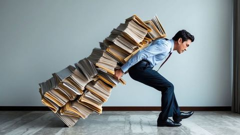 Businessman struggling with huge paper stack in modern office amid financial struggles