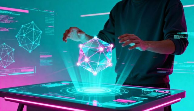 Tech professional manipulating holographic 3d polyhedron over interactive neon touch table