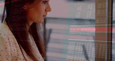 Woman Engaged in Data Encryption Process with Digital Interface