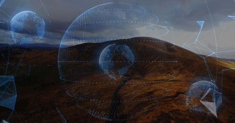Holographic globe projecting dotted network and orbital rings over upland moorland road