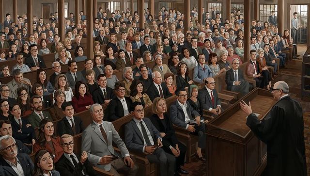 Courtroom audience listening to robed lawyer delivering closing argument in wood-paneled hall