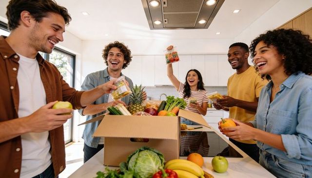 Friends unpacking grocery box at kitchen island smiling and sorting fresh produce