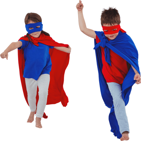 Kids Pretending as Caped Superheroes on Transparent Background