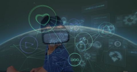 Boy immersed in virtual reality with futuristic digital overlay