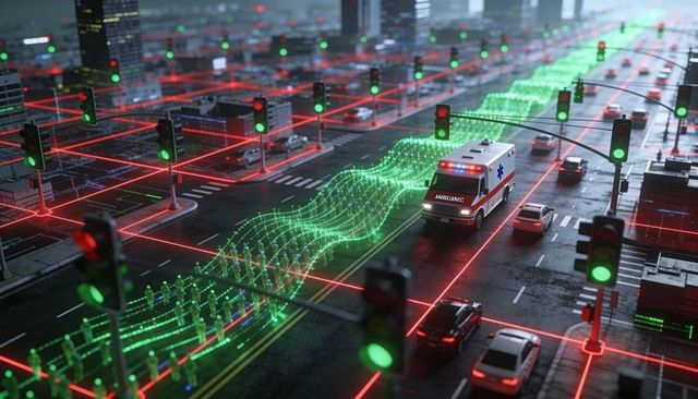 Smart traffic grid guiding ambulance through autonomous city intersection at night