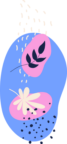 Modern abstract design with pink blobs and leaf motifs on clear background