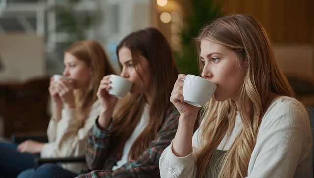 Three women sipping coffee in cozy cafe lounge, rightmost wearing cream sweater, relaxing