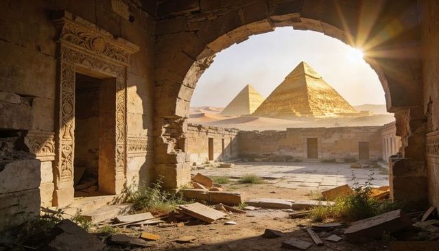 Sunlit pyramid complex framed by ornate stone archway and crumbling courtyard ruins