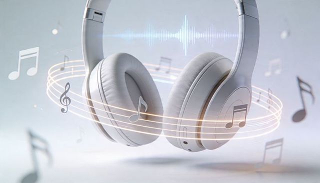 Floating white wireless headphones with glowing musical staff and waveform, futuristic