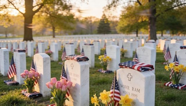 Sunrise memorial rows honoring fallen soldiers with folded flags and spring flowers