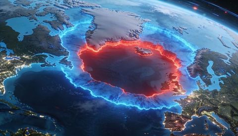Orbital view highlighting arctic basin red core and electric-blue ice edge over night earth