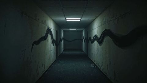 Abandoned hallway with creepy black tendrils and peeling walls