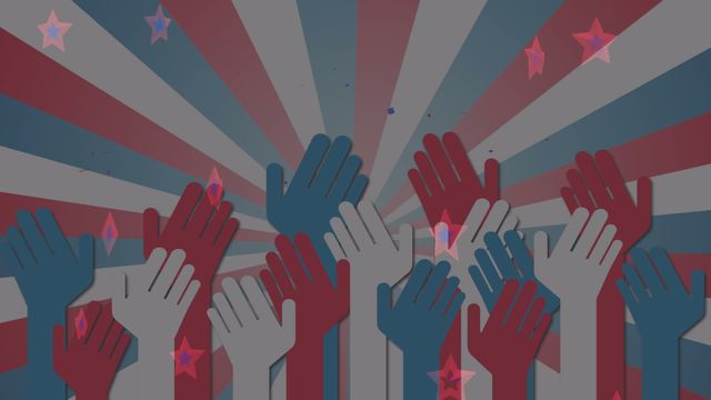 Hands in red, white, and blue color scheme rising against backdrop of spinning stars and stripes. Suitable for themes on American patriotism, elections, democracy, and national holidays like Independence Day. Ideal for promotional material encouraging civic participation and national unity.