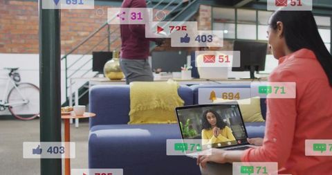 Remote video calling and collaboration in modern office lounge with social overlays