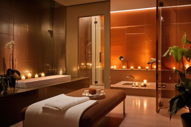 Elegant and modern spa bathroom features warm candlelight and sleek amenities for ultimate relaxation. Perfect for articles about interior design, wellness tips, luxury home features, and spa retreats. Useful for illustrating tranquility, serene environments, and spa services.