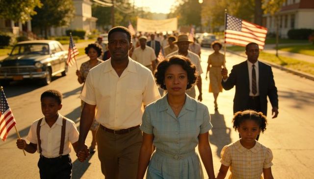 African american family marching down sunlit street holding american flags for unity