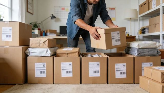 Home Entrepreneur Packing Orders in Home Office with Labeled Boxes, Barcodes and Shipping
