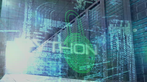 Digital Lock Concept with Data Streams in Modern Server Room