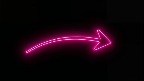 Glowing pink neon curved arrow sign against black background