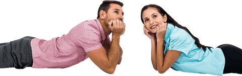 Transparent Background Couple Relaxing on Floor with Dreamy Expressions