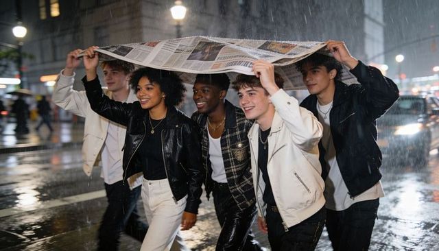 Friends huddling under newspaper walking through rainy city crosswalk at night
