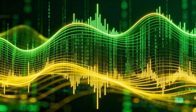 Neon data waves flowing across holographic binary grid, cyber analytics and ai visualization