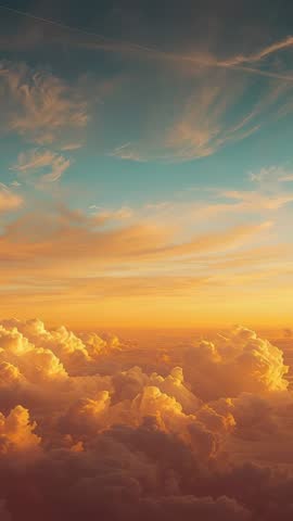 Sunlit Golden Cloudscape Drifting Over Cumulus Bank with Contrail in Vertical Sky Video