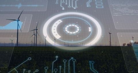 Smart wind farm monitoring augmented hud and circuit data overlay at dusk