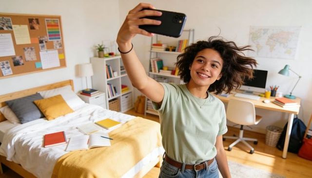 Teen taking selfie in bright bedroom study with books, desk and corkboard